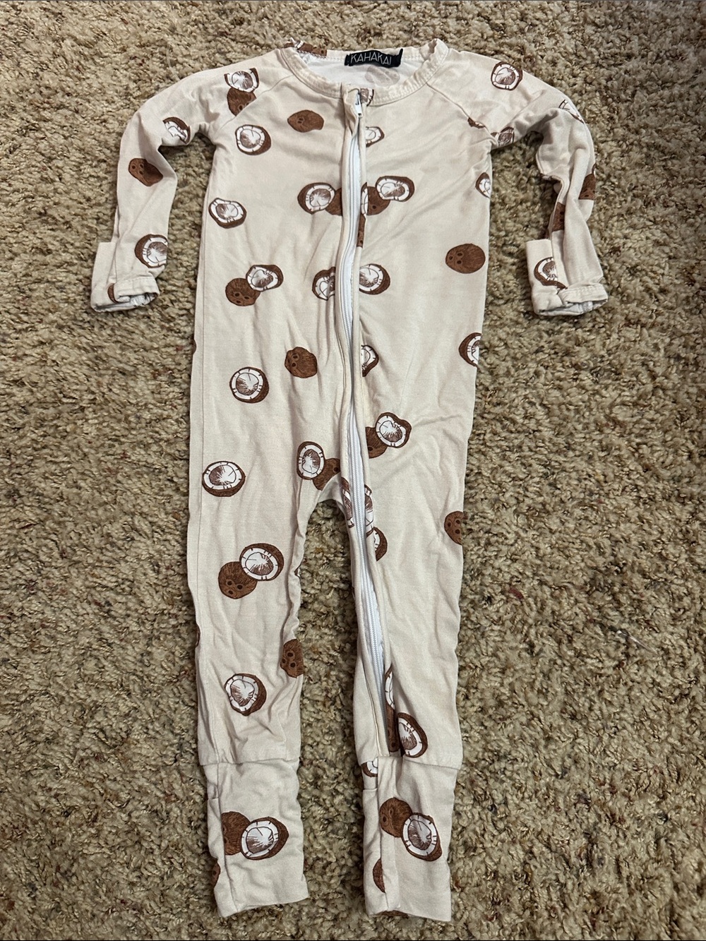 Khaki Cream Kids One-Piece Zipper Pajams with Coconut Print Size 6-12 mos.